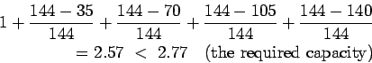 \begin{eqnarray*}
1+\frac{144-35}{144}+\frac{144-70}{144}+\frac{144-105}{144}+\f...
...144-140}{144}\\
=2.57 < 2.77   (\mathrm{the required capacity})
\end{eqnarray*}