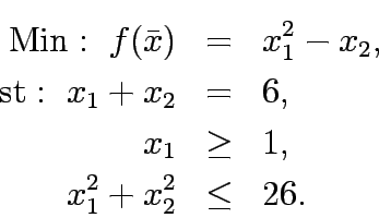 \begin{eqnarray*}
\mathrm{Min:&nbsp;} f(\bar{x})&=&x_1^2-x_2,\\
\mathrm{st:&nbsp;} x_1+x_2&=&6,\\
x_1&\ge&1,\\
x_1^2+x_2^2&\le&26.
\end{eqnarray*}