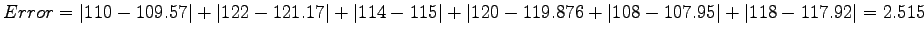 $Error =
\vert 110-109.57\vert+\vert 122-121.17\vert+\vert 114-115\vert+\vert 120-119.876+\vert 108-107.95\vert+\vert 118-117.92\vert=2.515$
