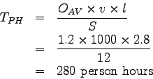 \begin{eqnarray*}
T_{PH}&=&\frac{O_{AV} \times v \times l}{S}\\
&=& \frac{1.2 \times 1000 \times 2.8}{12} \\
&=& 280 \mathrm{~person~hours}
\end{eqnarray*}
