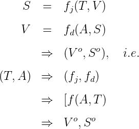     S   =   f (T,V )
             j
    V   =   fd(A,S )

        ⇒   (V o,So ),  i.e.

(T,A )  ⇒   (fj,fd)

        ⇒   [f(A,T )

        ⇒   V o,So
