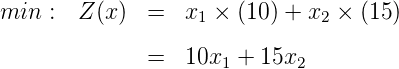 min :  Z (x)  =  x  × (10 ) + x × (15)
                   1          2
              =  10x1 +  15x2
