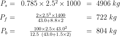 Ps =   0.785 × 2.52 × 1000  =  4906  kg
               3
Pf =       2×423..05+×81.84×020      =  722  kg
           100×2.5×43.02
Pb =     12.5-(43.0+1.5×2)    =  804  kg
