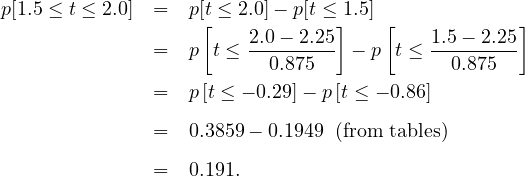 p[1.5 ≤ t ≤ 2.0] = p[t ≤ 2.0]- p[t ≤ 1.5]
                   [            ]   [            ]
              =   p t ≤ 2.0--2.25 - p t ≤ 1.5---2.25
                         0.875             0.875
              =   p[t ≤ - 0.29]- p [t ≤ - 0.86]

              =   0.3859- 0.1949 (from tables)
              =   0.191.
