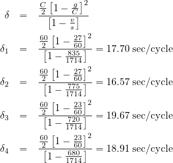  δ =   C2 [[1[1---Cvsg]]]22
       602-1---2760--
δ1 =    [1- -835]  = 17.70 sec∕cycle
       60[  171427]2
δ2 =   -2[-1---60]- = 16.57 sec∕cycle
         1- 1777514-
       60[1 - 23]2
δ3 =   -2[----72600]- = 19.67 sec∕cycle
         1- 1714
       602 [1 - 2360]2
δ4 =   -[1---680]- = 18.91 sec∕cycle
            1714
         