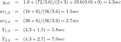 ayra1l,2l ==  1(.106++ (67)2∕∕(35.66)∕∕3(.62)* =3)1.+51s9e.c6(0.01* 0) = 4.3sec

ar3,4  =  (36+ 6)∕(56∕3.6) = 2.7sec

 Y1,2  =  (4.3+ 1.5) = 5.8sec
 Y3,4  =  (4.3+ 2.7) = 7.0sec
