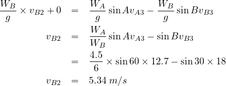 WB--× vB2 + 0 =   WA-sin AvA3 - WB-sinBvB3
 g                 g            g
         vB2  =   WA-sin AvA3 - sinBvB3
                  WB
              =   4.5-×sin60× 12.7- sin 30× 18
                  6
         vB2  =  5.34 m ∕s
     