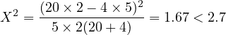   2  (20×-2---4×-5)2-
X  =   5× 2(20+ 4)  = 1.67 < 2.7
