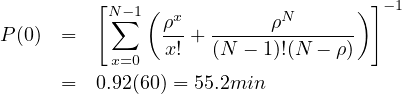          [                         ]
          N∑-1 (ρx        ρN       ) -1
P(0) =         x! + (N---1)!(N---ρ)
          x=0
     =   0.92(60) = 55.2min
