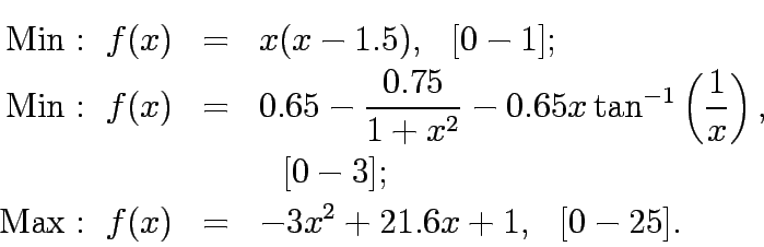 \begin{eqnarray*}
\mathrm{Min:&nbsp;} f(x)&=&x(x-1.5),&nbsp;&nbsp;[0-1];\\
\mathrm{Min:&nbsp;} f(x...
... &&&nbsp;&nbsp;[0-3];\\
\mathrm{Max:&nbsp;} f(x)&=&-3x^2+21.6x+1,&nbsp;&nbsp;[0-25].
\end{eqnarray*}