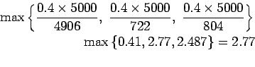 \begin{eqnarray*}
\max\left\{\frac{0.4\times{5000}}{4906},&nbsp;\frac{0.4\times{5000}...
...000}}{804}\right\}\\
\max\left\{0.41,2.77,2.487\right\}=2.77\\
\end{eqnarray*}