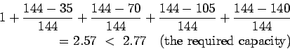 \begin{eqnarray*}
1+\frac{144-35}{144}+\frac{144-70}{144}+\frac{144-105}{144}+\f...
...144-140}{144}\\
=2.57&nbsp;<&nbsp;2.77&nbsp;&nbsp;&nbsp;(\mathrm{the&nbsp;required&nbsp;capacity})
\end{eqnarray*}