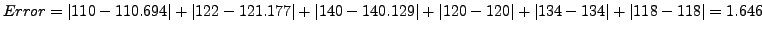 $ Error = \vert 110-110.694\vert+\vert 122-121.177\vert+\vert 140-140.129\vert+\vert 120-120\vert+\vert 134-134\vert+\vert 118-118\vert=1.646$