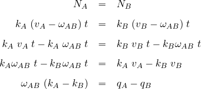    kA (vA - ωABNA) t == NkBB (vB - ωAB ) t

 kA vA t- kA ωAB t  =  kB vB t- kBωAB t

kAωAB  t- kBωAB t  =  kA vA - kB vB
    ωAB  (kA - kB)  =  qA - qB
