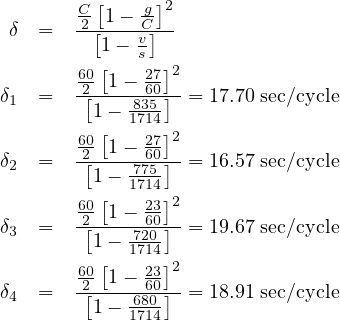        C-[1- -g]2
 δ =   -2[---Cv]--
         1[ - s ]
       602 1 - 2760-2
δ1 =   -[1---835]- = 17.70 sec∕cycle
         [  1714]2
       602[-1---2760]-
δ2 =     1- 1777514-  = 16.57 sec∕cycle
       60[    23]2
δ3 =   -2[-1---60]- = 19.67 sec∕cycle
         1- 1727014-
       60[1 - 23]2
δ4 =   -2[----68600]- = 18.91 sec∕cycle
         1- 1714
         