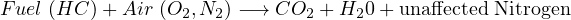 Fuel (HC ) + Air (O2,N2) -→ CO2 + H20 + unaffected Nitrogen
